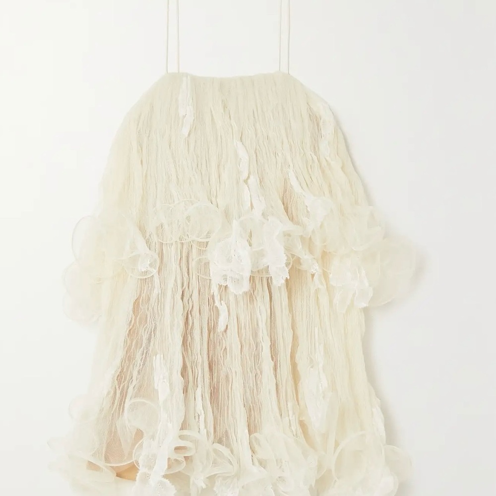 Danielle Frankel New Wendell Tiered Ruffled Lace Tulle Mini Dress Ivory Size 4 - Picture 3 of 11